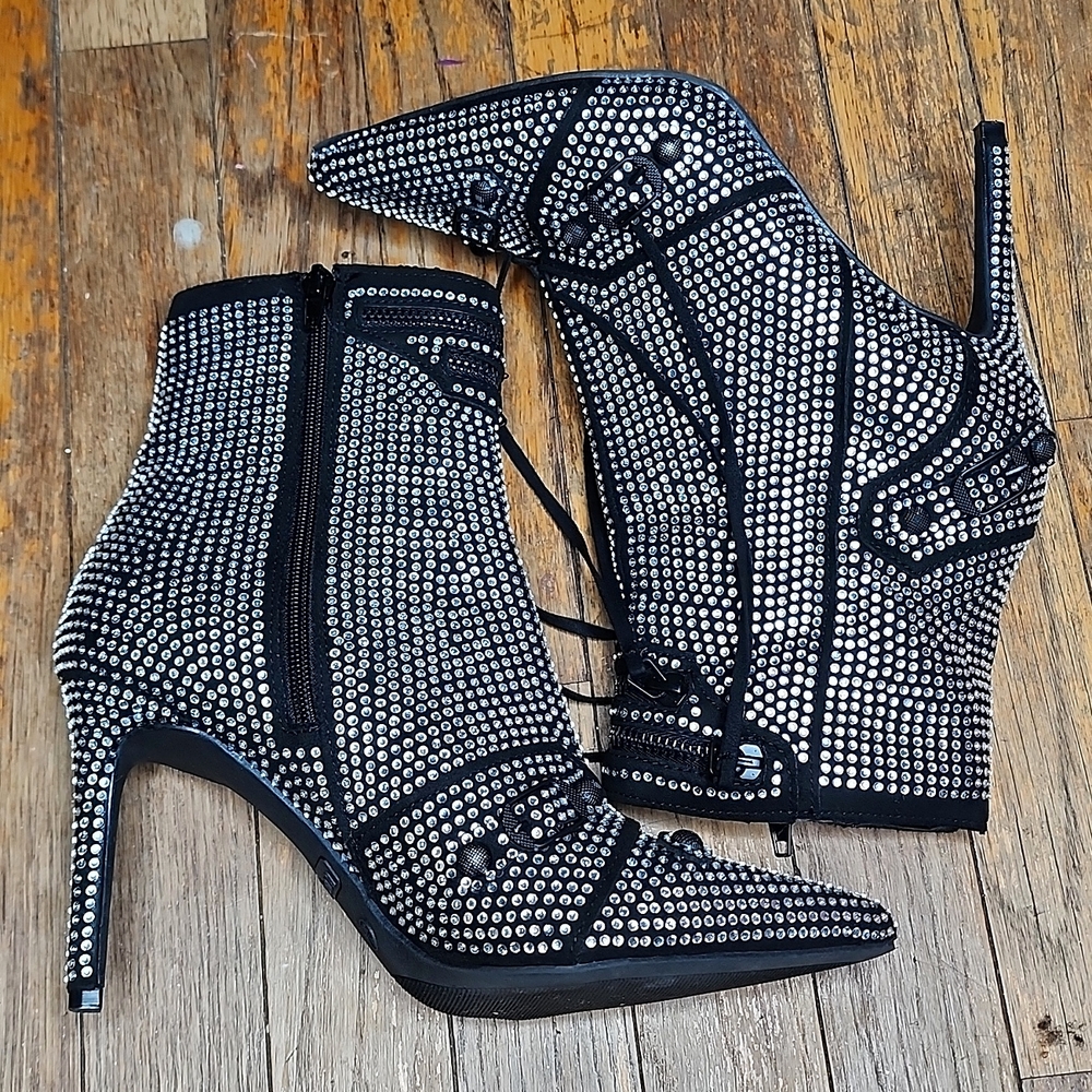 Black Fringe Clear Rhinestone Stiletto Booties